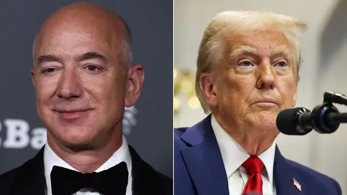 Billionaire Jeff Bezos and President Donald Trump juxtaposed to each other to compare their massive fortune.