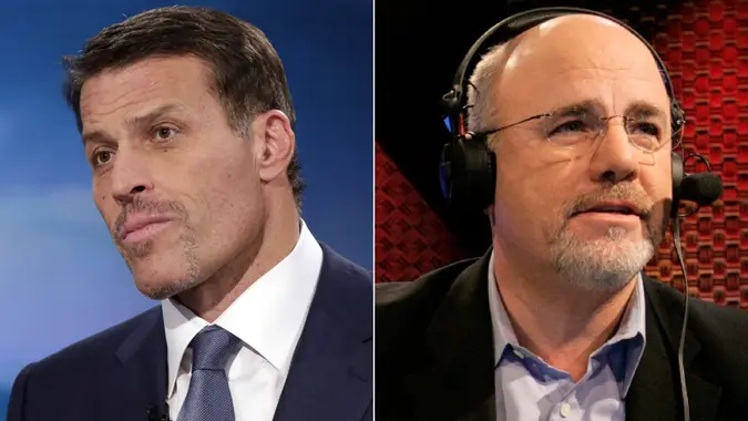 Tony Robbins and Dave Ramsey juxtaposed to compare their personal finance advice.