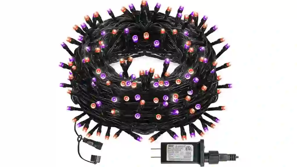 DAZZLE BRIGHT Halloween 300 LED String Lights, 100FT String Lights with 8 Lighting Modes, Halloween Decorations for Party Carnival Supplies, Outdoor Yard Garden Decor (Purple & Orange)