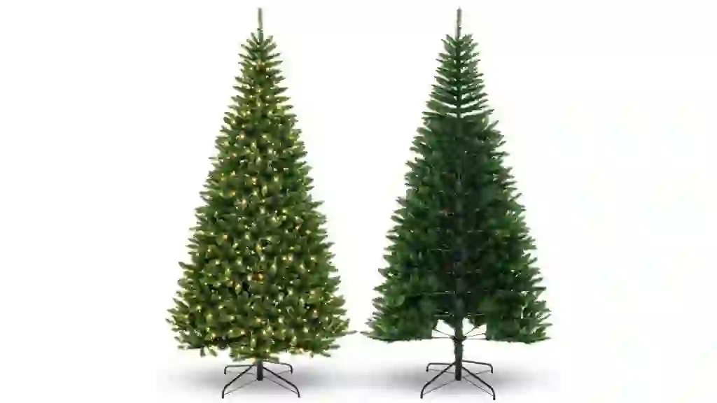 Tangkula 8 FT Artificial Xmas Tree 270° Christmas Tree with 1137 Evergreen Branch Tips 360 Warm White LED Lights Green