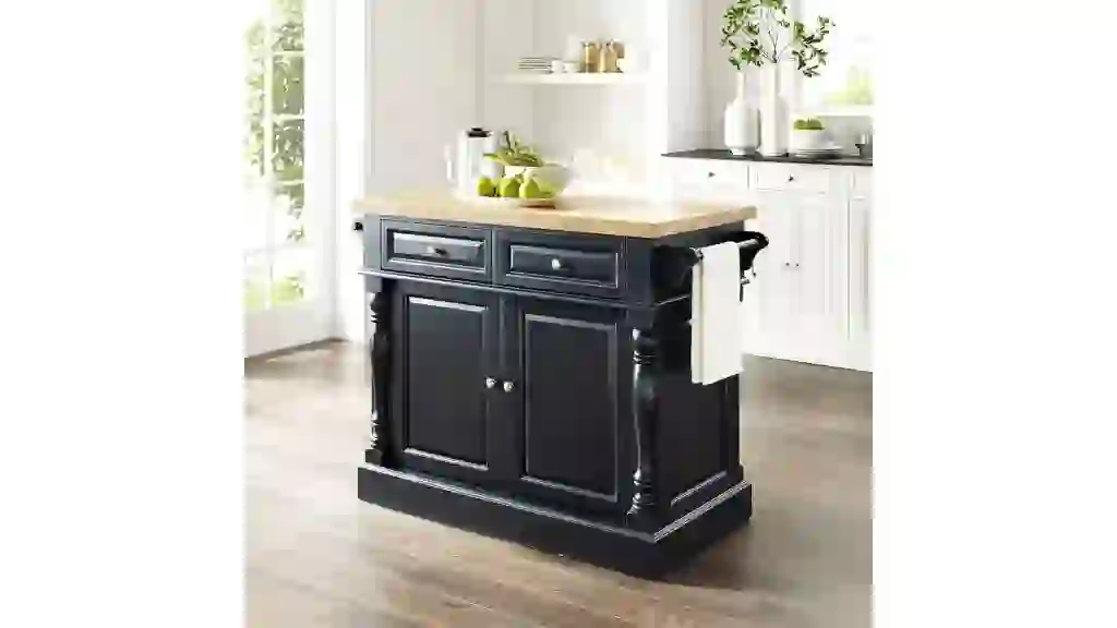Crosley Furniture Oxford Butcher Block Kitchen Island with Microwave Stand, Storage Shelves, and Drawers