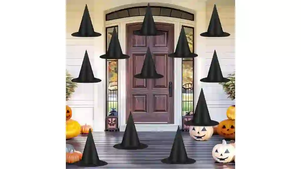 Halloween Hanging Witch Hats & Costume Accessories, 328 FT Nylon Cord Wizard Hats, Indoor Outdoor Decorations for Home, Yard, Porch, Ceiling, Black, 12 PCS