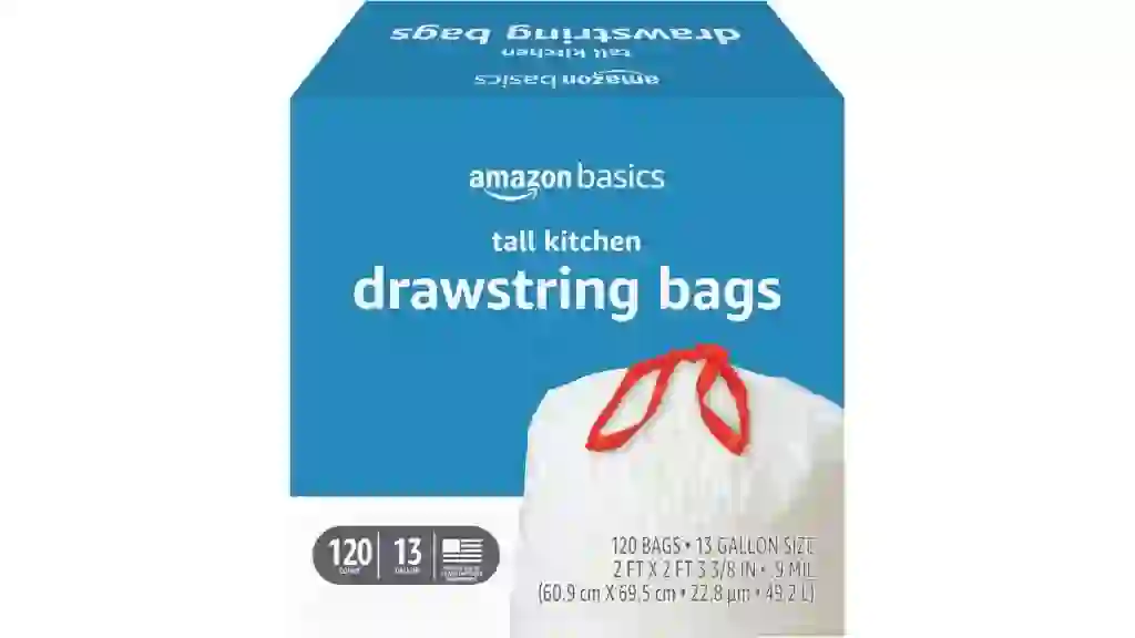 Amazon Basics Trash Bags, Tall Kitchen Drawstring, Unscented, 13 Gallon, 120 Count, Pack of 1
