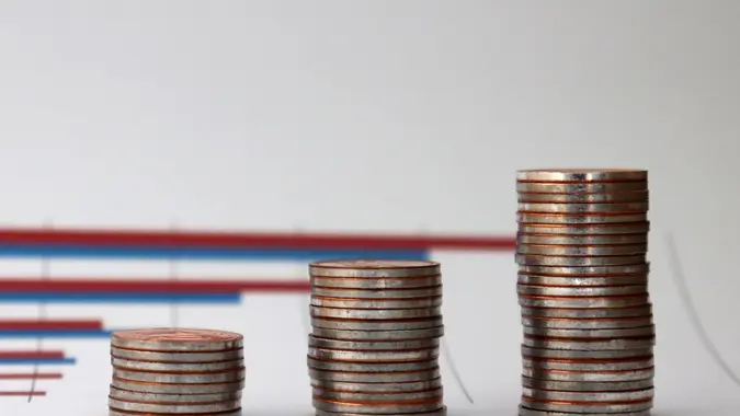 A bar graph and three piles of coins.