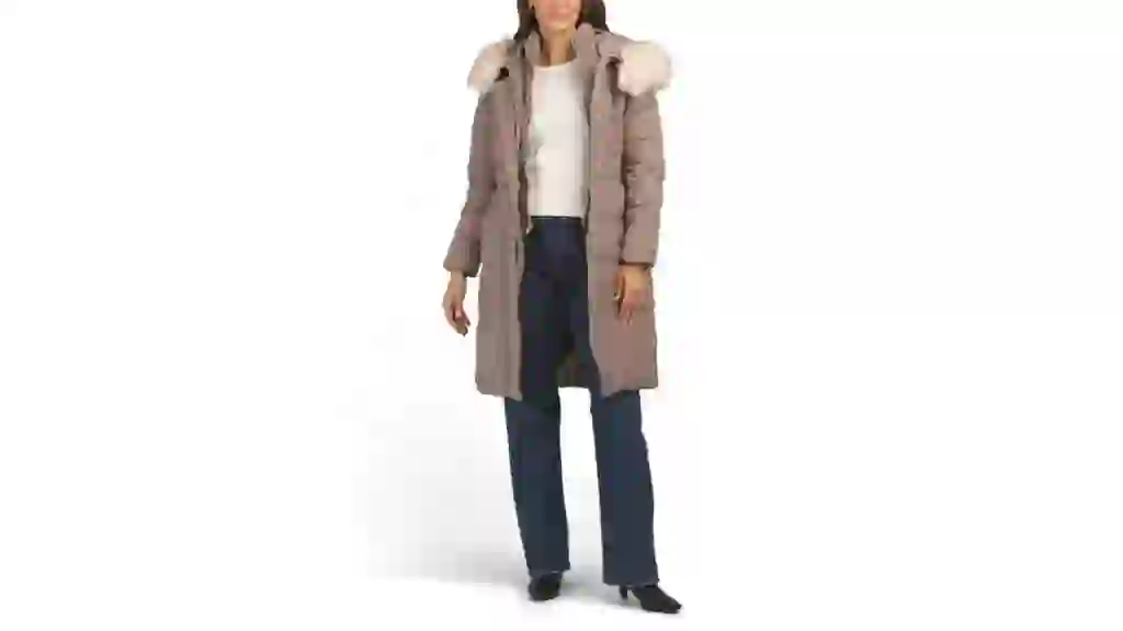 COLE HAAN Down Fill Long Faux Fur Trim Puffer Coat