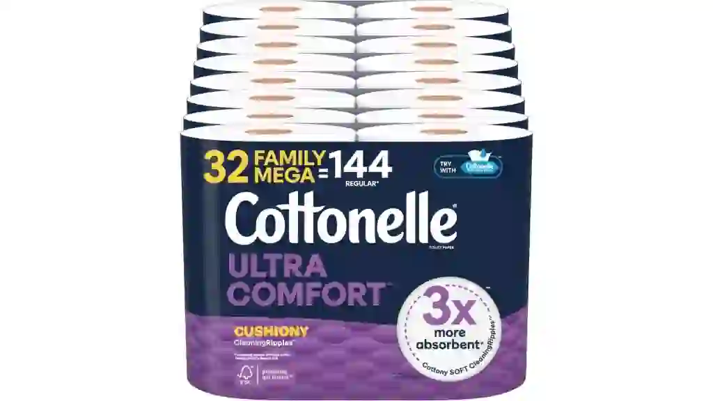 Amazon Cottonelle Ultra Comfort Toilet Paper with Cushiony CleaningRipples Texture, 32 Family Mega Rolls = 144 Regular Rolls (8 Packs of 4)