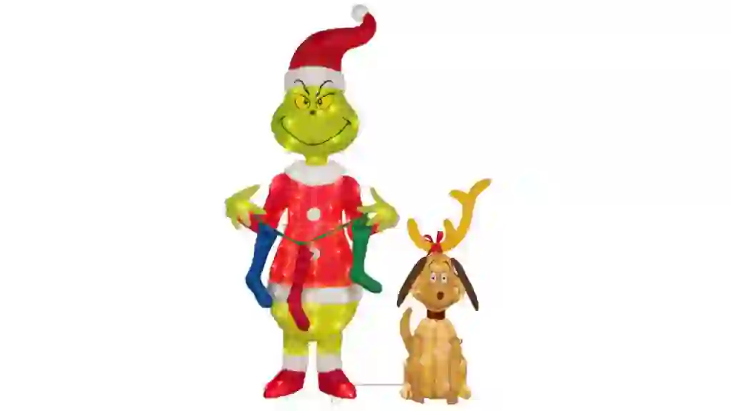 3D Lighted Tinsel Yard Sculpture: 'The Grinch With Stockings'