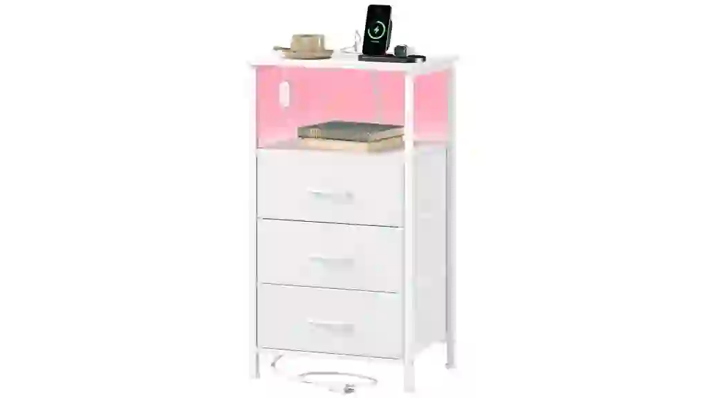 Eunos 3 Drawer White Nightstand with Charging Station, LED and Open Shelf for Bedroom, Living Room