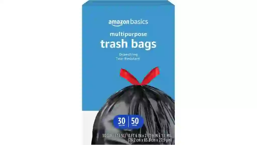 Amazon Basics Multipurpose Drawstring Trash Bags, 30 Gallon, 50 Count (Previously Solimo)