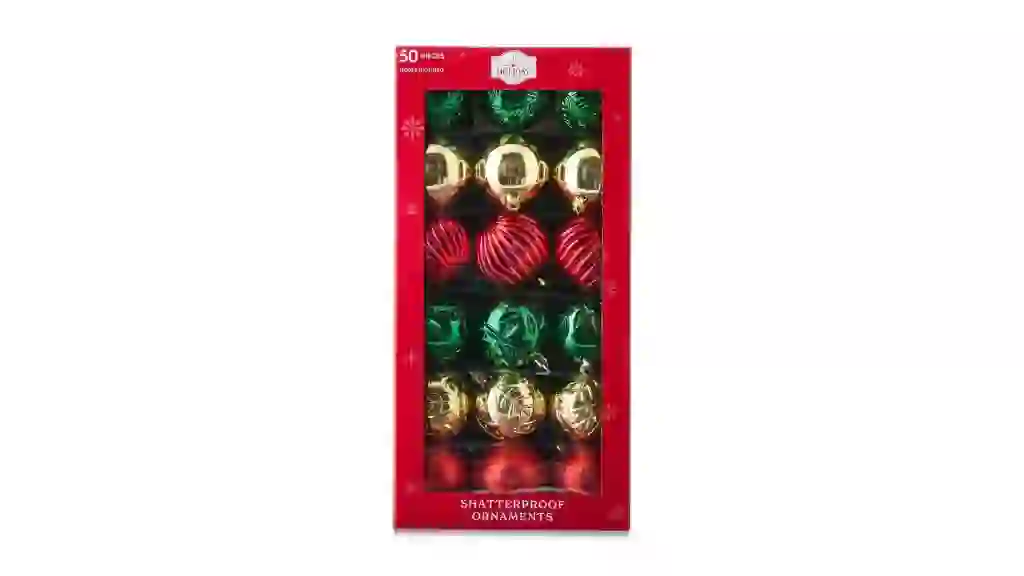 50-Count Red/Green/Gold Shatterproof Ball Christmas Ornaments, by Holiday Time
