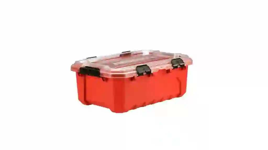12-Gal. Professional Heavy Duty Waterproof Stackable Plastic Storage Container with Hinged Lid in Red