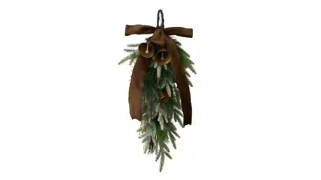 Bells, Bow, and Greenery Decorative Christmas Door Swag, Green and Brown, 28", by Holiday Time