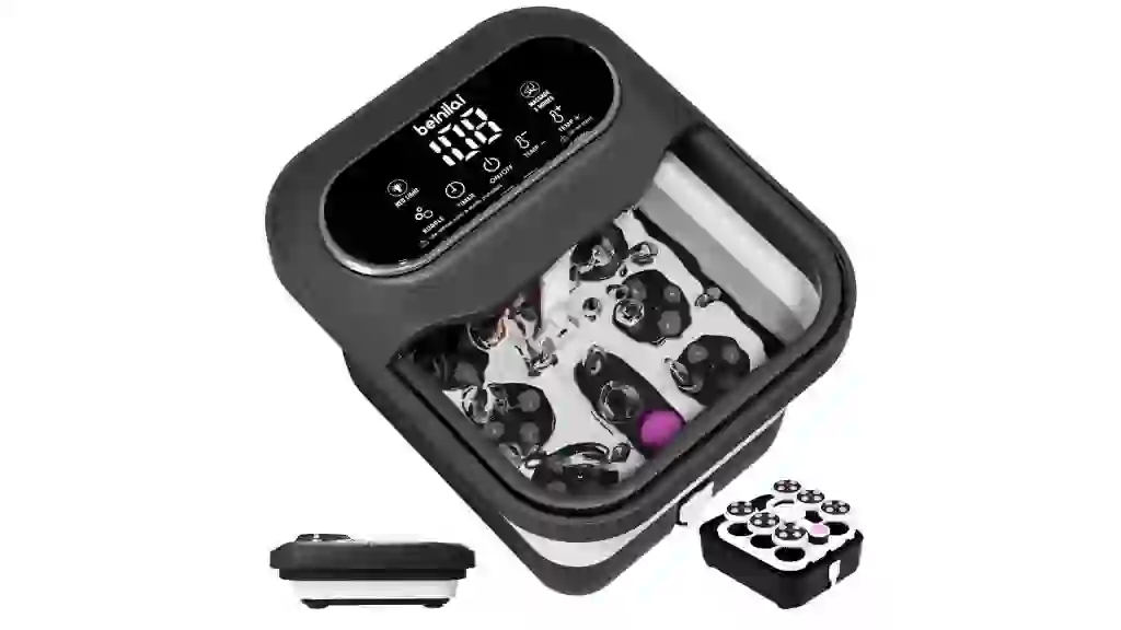 Beinilai Collapsible Foot Spa Electric Rotary Massage,Foot Bath with Heat,Tem Control,Bubbles, and 24 Motorized Shiatsu Massage Balls for Feet Stress Relief-Black