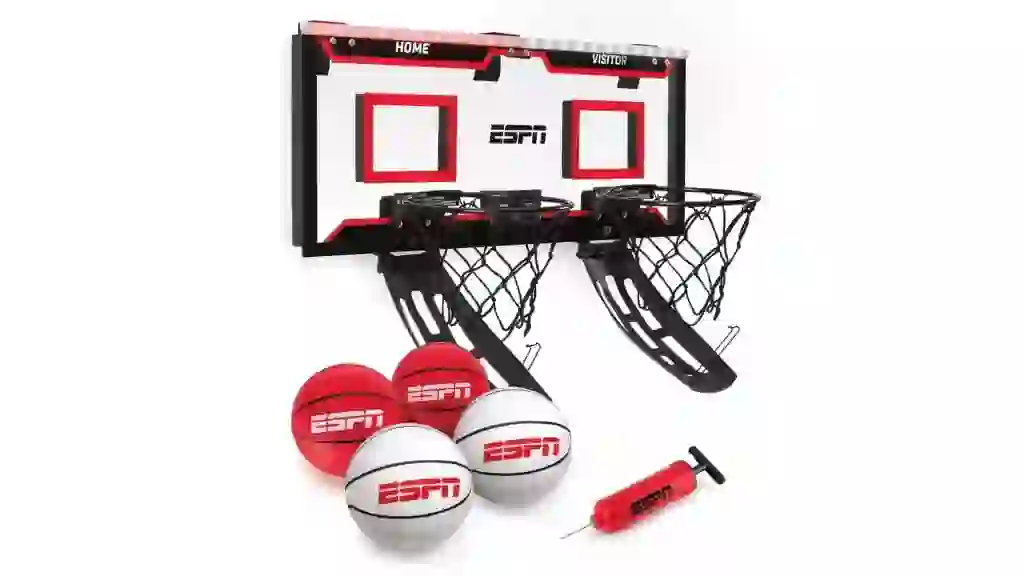 ESPN Mini Basketball Hoop, Over The Door Basketball Hoop for Two Player Games Includes 4 Mini Basketballs and Pump - Black (ES-BK240.EEV24)