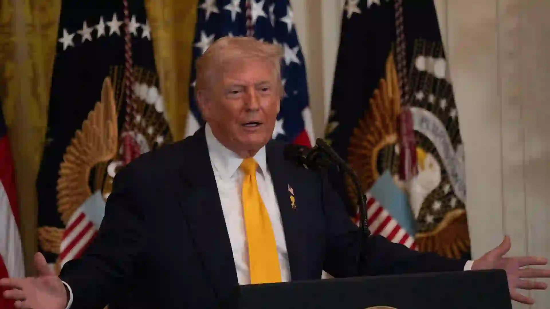 President DONALD TRUMP speaks at a Black History Month reception in the East Room of the White House on February 18, 2026.