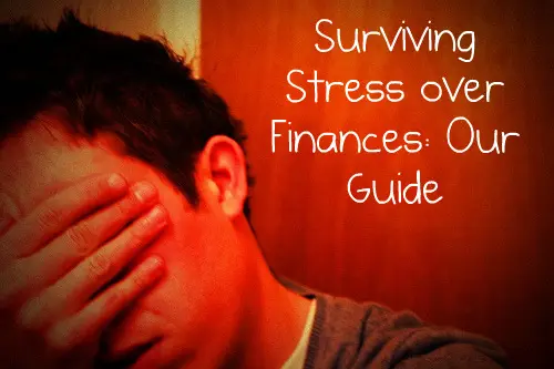 Upset man red filter Surviving Stress over finances text overlay