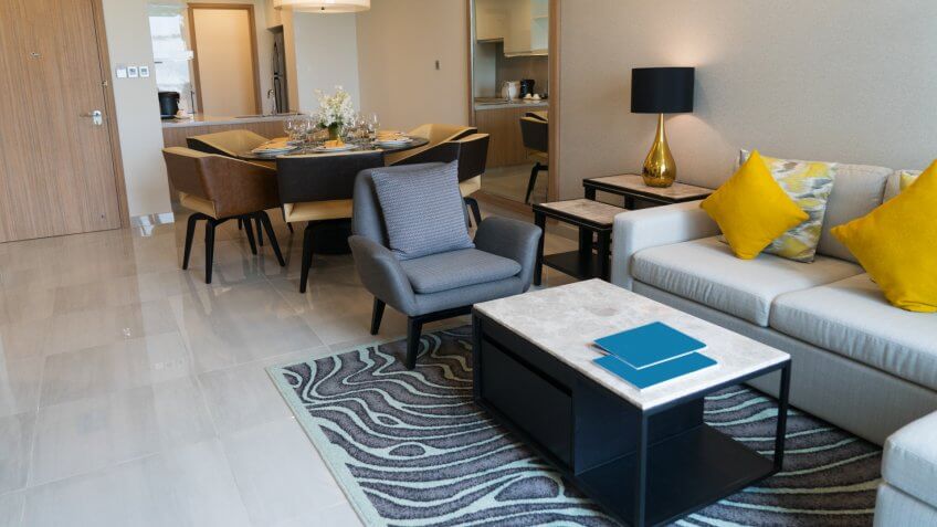 Luxurious furnished living room in studio flat.