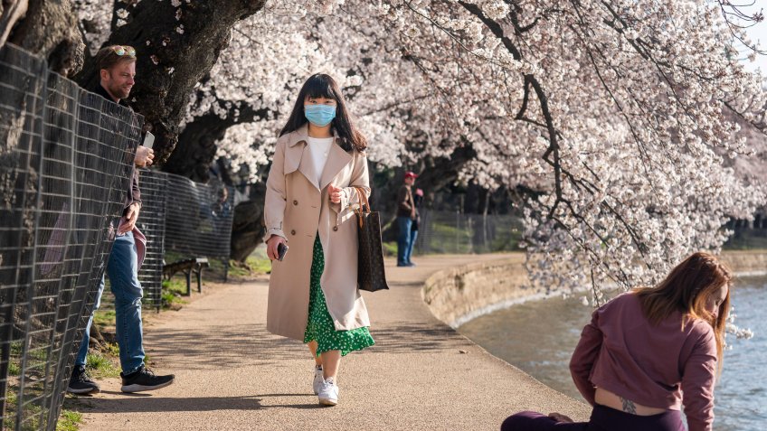 A woman wearing a face mask attends the start of the annual cherry blossom bloom on the Tidal Basin in Washington, DC, USA, 18 March 2020.